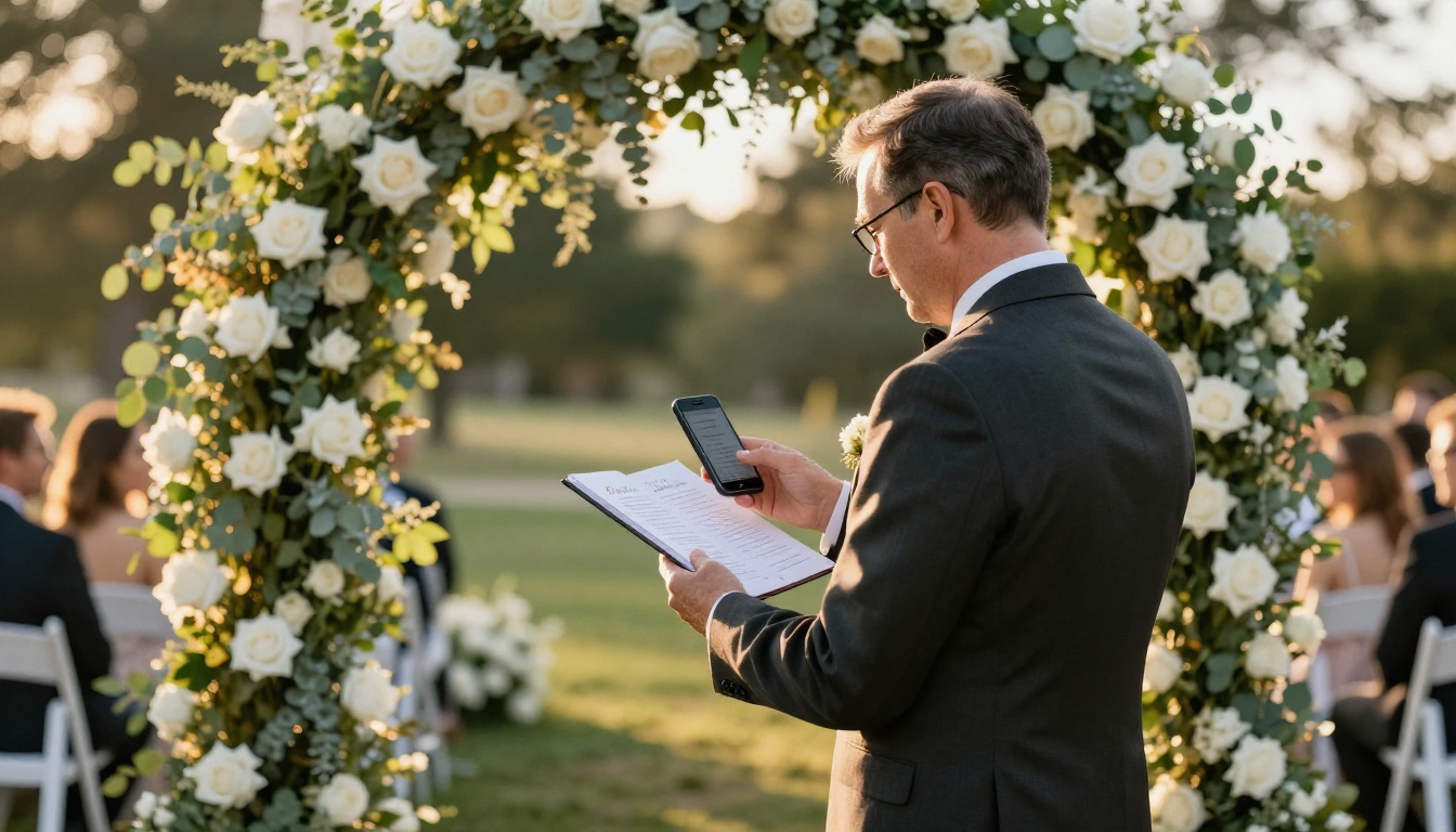 Wedding officiant holding smartphone with flipbook ceremony program in front of rose arch Wedding officiant holding smartphone with flipbook ceremony program in front of rose arch