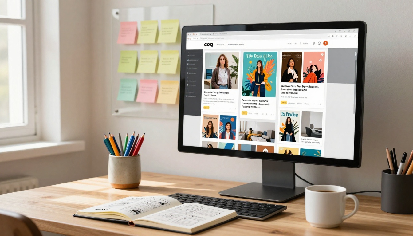 Creative workspace with blog content being organized into a digital magazine on monitor