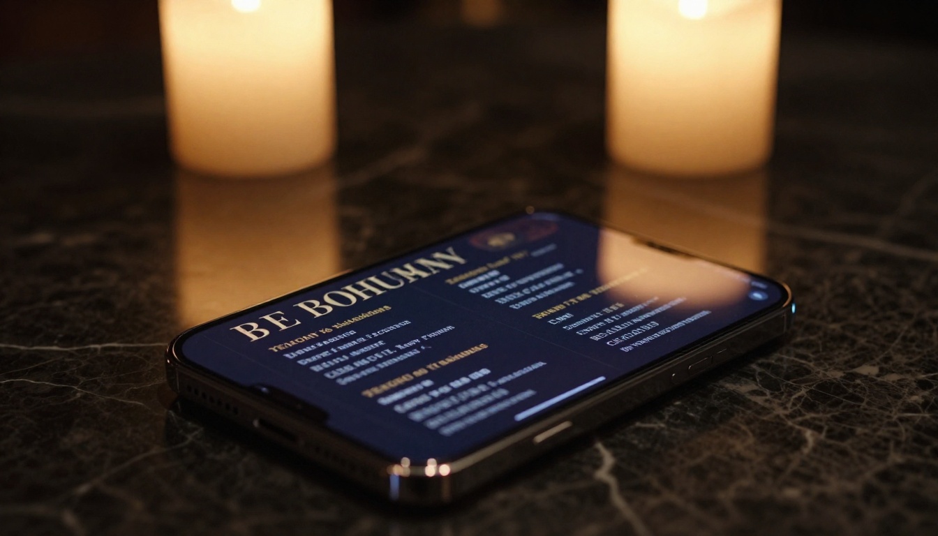 Luxury event program flipbook displayed on smartphone screen on dark marble table with candlelight Luxury event program flipbook displayed on smartphone screen on dark marble table with candlelight