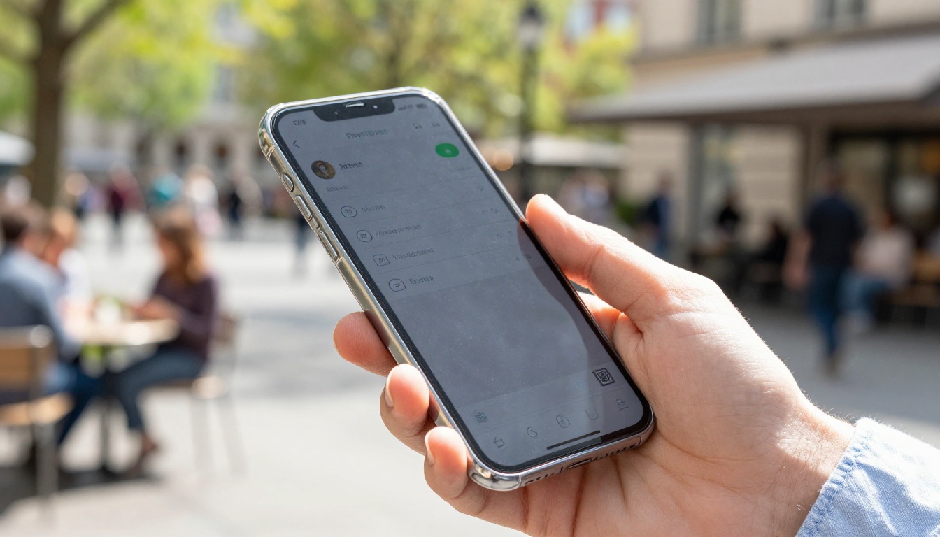 Man holding smartphone outdoors showing share dialog for flipbook catalog, spring foliage bokeh background