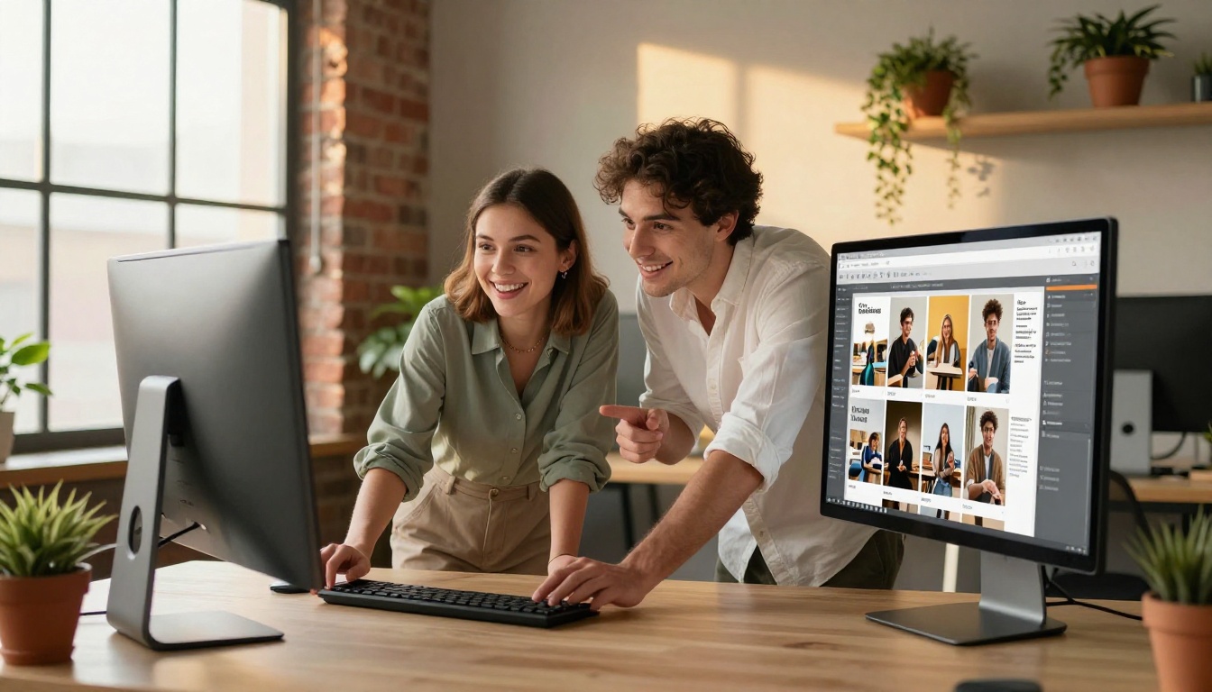 Two professionals collaborating enthusiastically on a digital magazine layout at a shared desk
