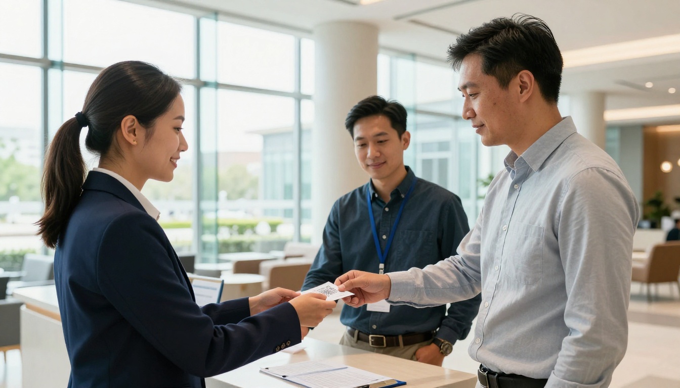 Event registration desk staff handing QR code card to attendee at a modern convention center Event registration desk staff handing QR code card to attendee at a modern convention center
