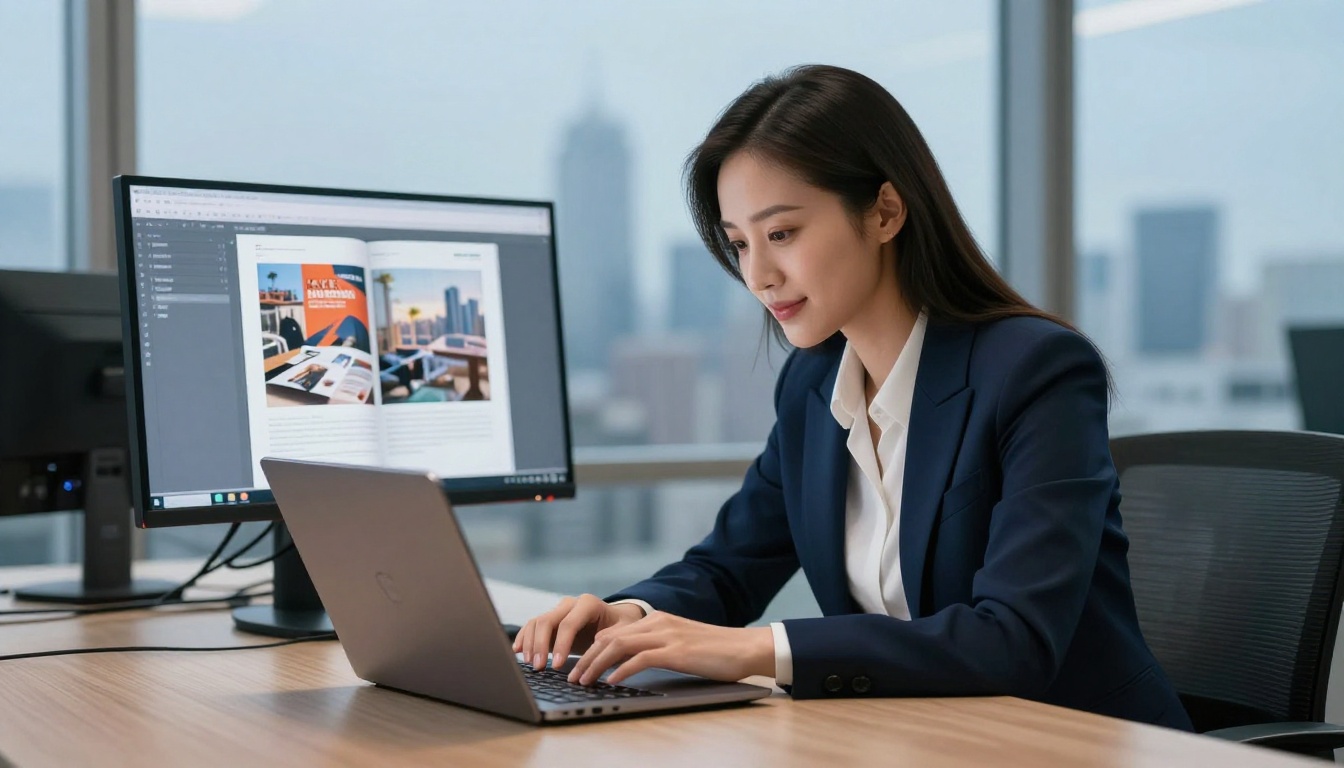 Professional woman in a navy blazer publishing her digital magazine from a modern office