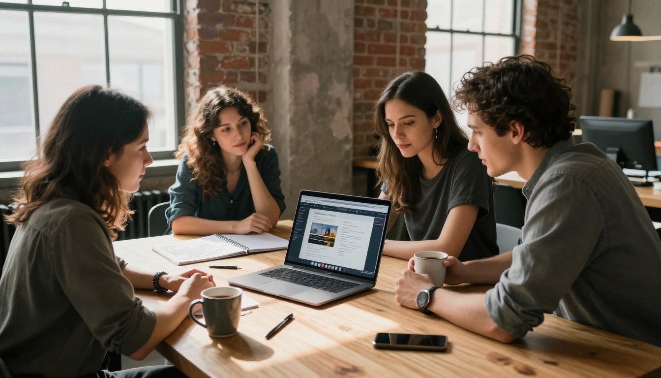 Team of professionals uploading a PDF event program to a flipbook platform on a laptop in a co-working space Team of professionals uploading a PDF event program to a flipbook platform on a laptop in a co-working space