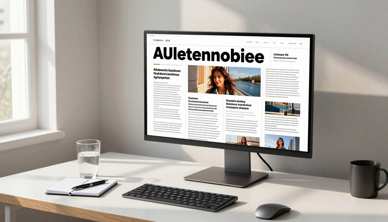 Large ultrawide monitor displaying a stunning digital magazine layout in a morning office