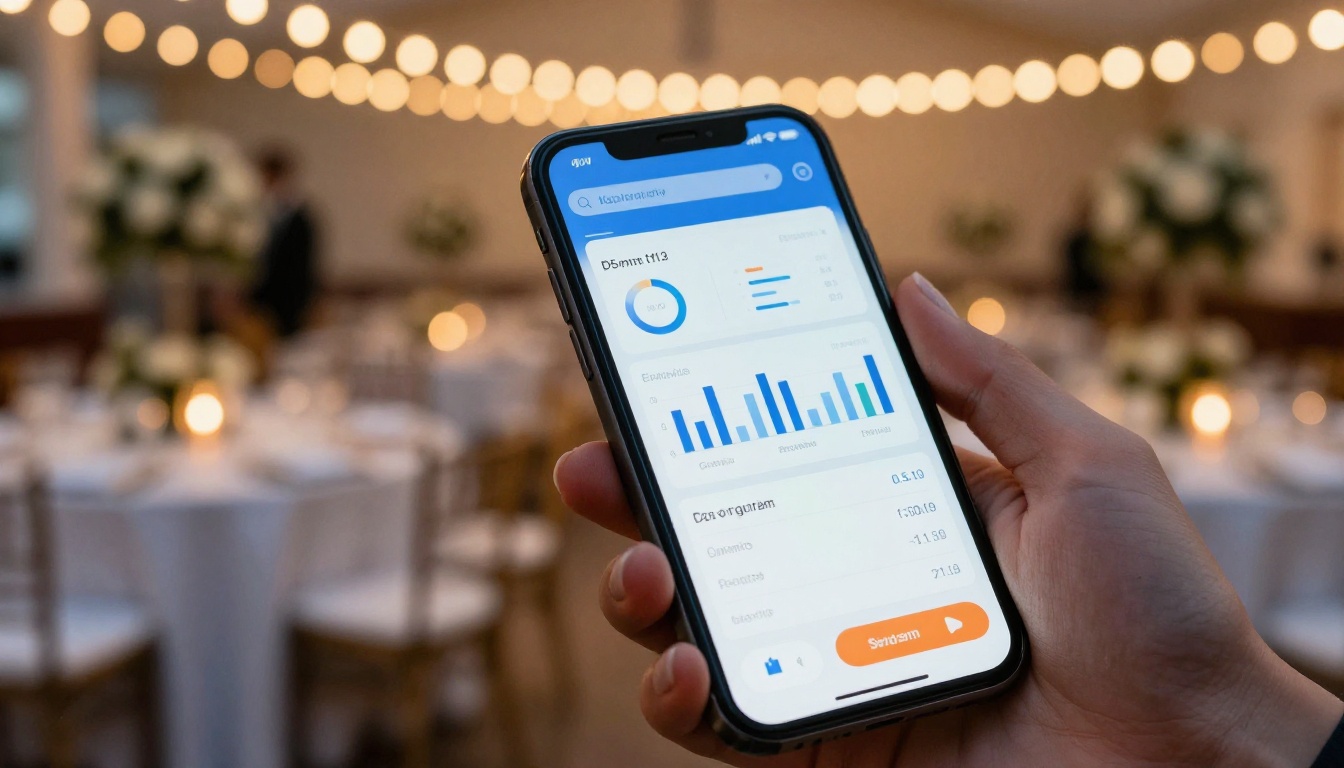 Smartphone displaying event analytics dashboard with bar charts and engagement metrics, gala venue in background Smartphone displaying event analytics dashboard with bar charts and engagement metrics, gala venue in background