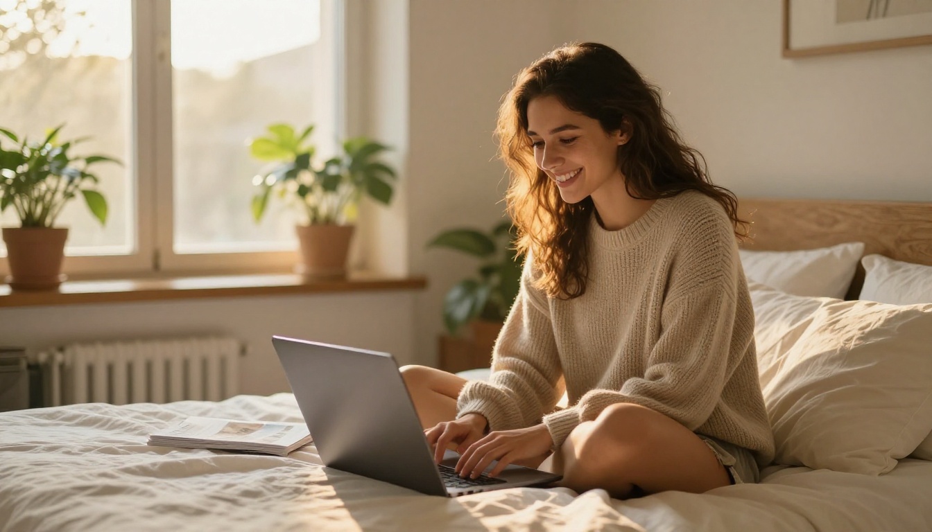 Woman smiling at her laptop on a cozy bed after successfully publishing her digital magazine