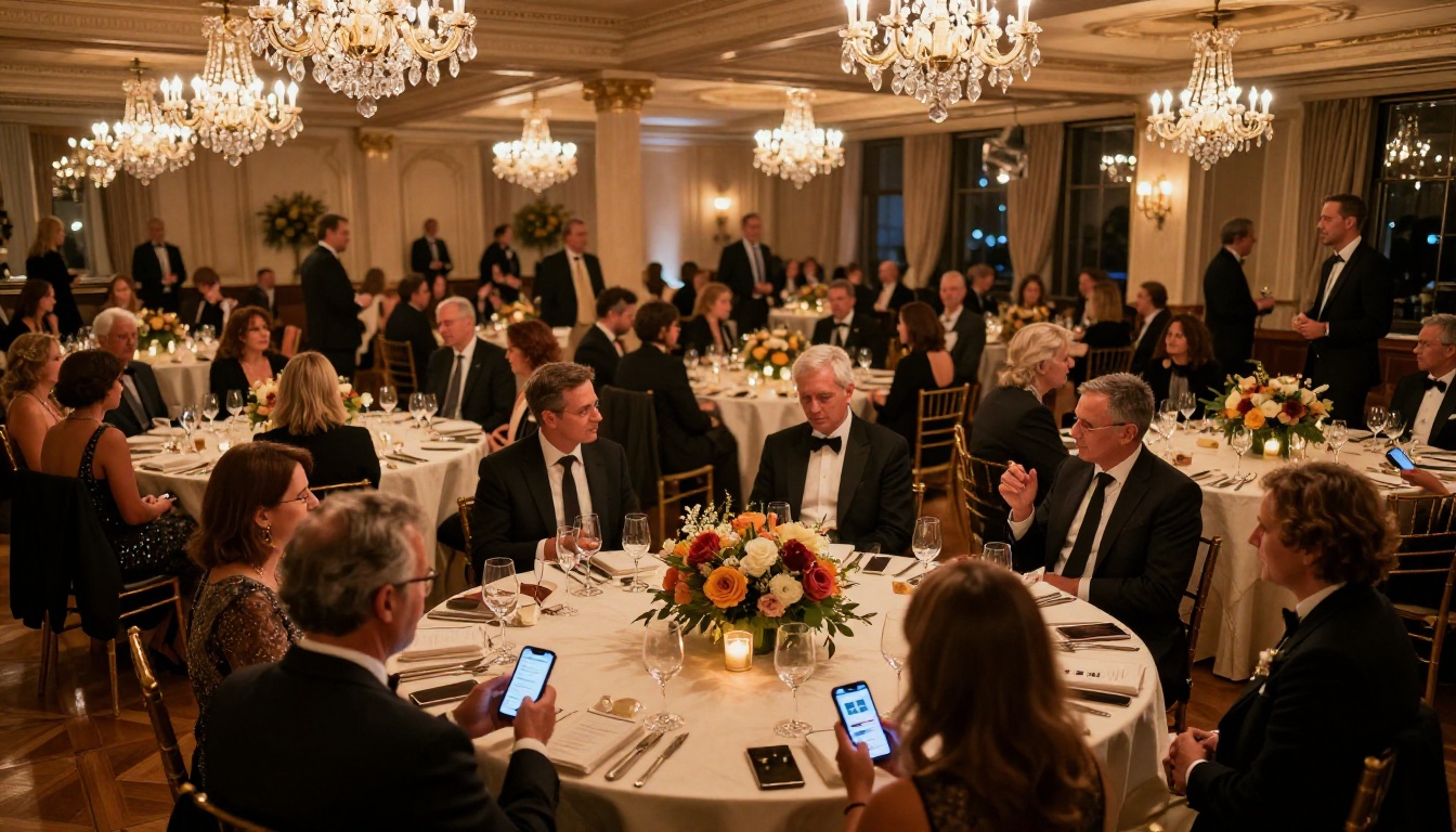 Well-dressed guests at a gala fundraiser ballroom viewing digital event programs on smartphones and tablets Well-dressed guests at a gala fundraiser ballroom viewing digital event programs on smartphones and tablets