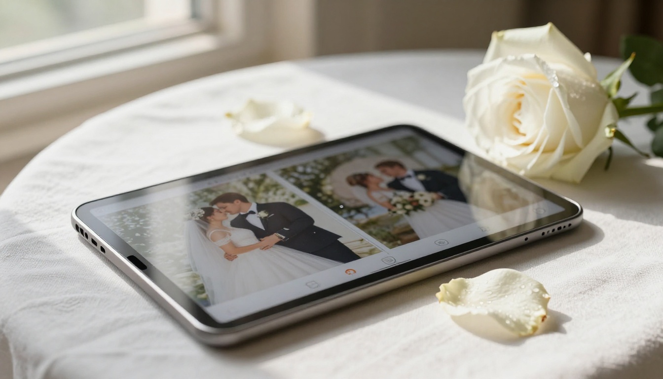 Tablet displaying a wedding ceremony flipbook with embedded video thumbnail, white rose on white linen tablecloth Tablet displaying a wedding ceremony flipbook with embedded video thumbnail, white rose on white linen tablecloth