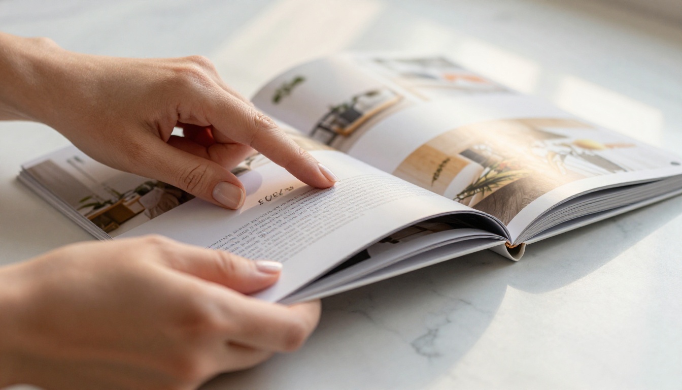 Extreme close-up of hands flipping through a glossy printed brochure on marble surface