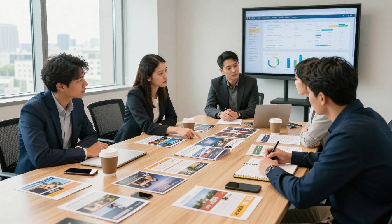 Marketing team reviewing printed brochures spread across a modern conference table