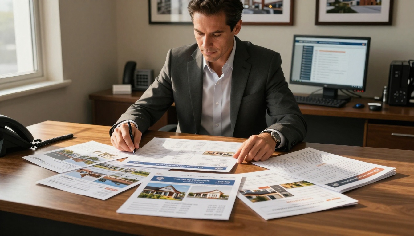 Confident real estate agent spreading property brochures across an office desk