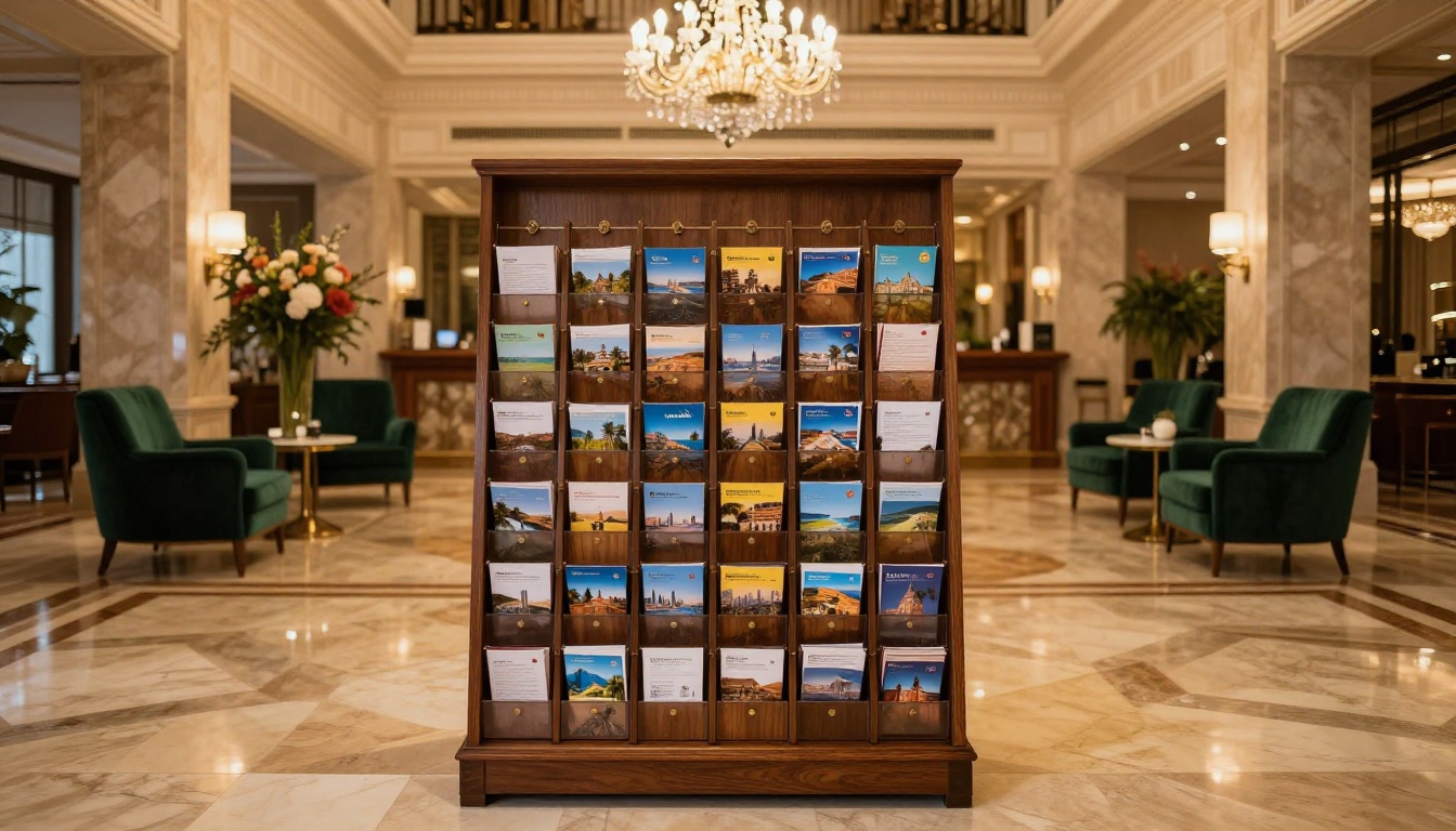 Elegant hotel lobby brochure display rack filled with colorful tourism pamphlets in a luxury reception area
