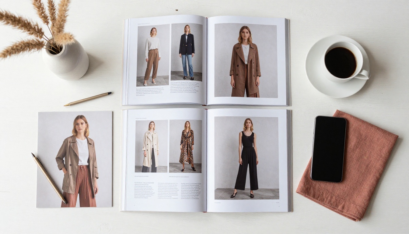 Open fashion lookbook catalog spread on a minimalist Scandinavian-style desk flatlay