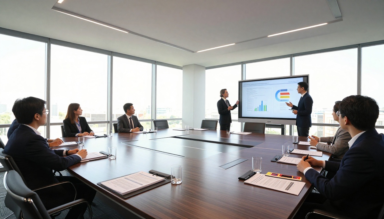 Wide-angle view of a modern corporate boardroom with printed presentation materials at each seat