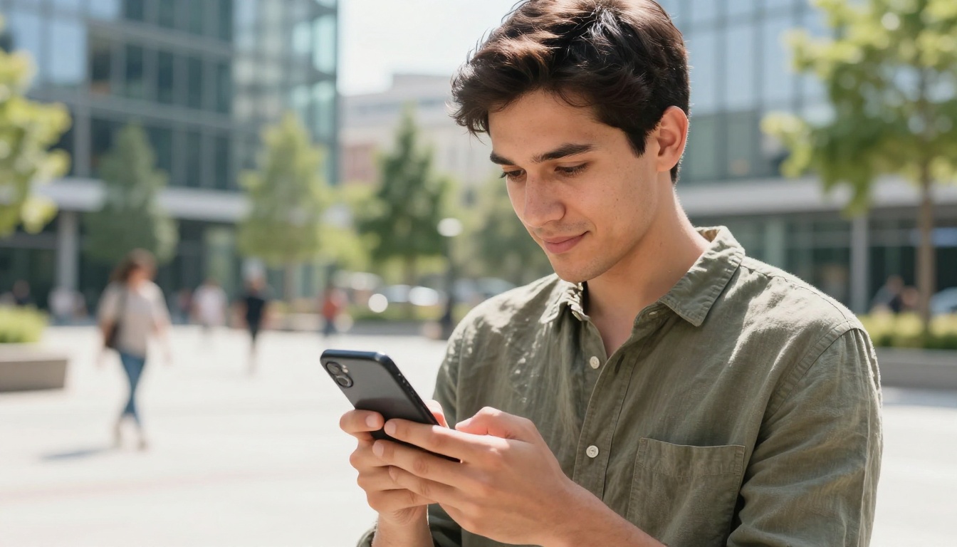 Young professional man viewing digital flipbook content on smartphone in an urban plaza