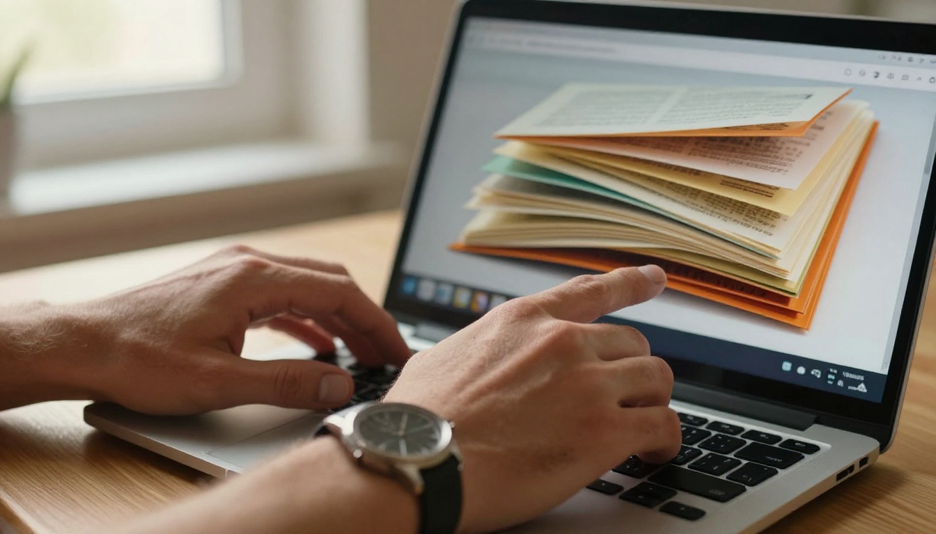 Close-up of hands interacting with digital flipbook on laptop screen