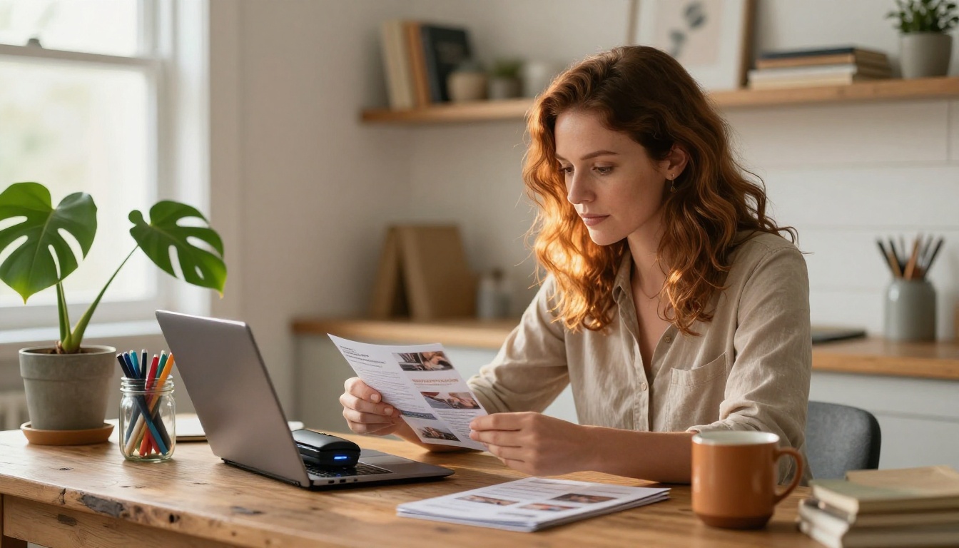 Small business owner scanning a printed brochure at a rustic home office desk