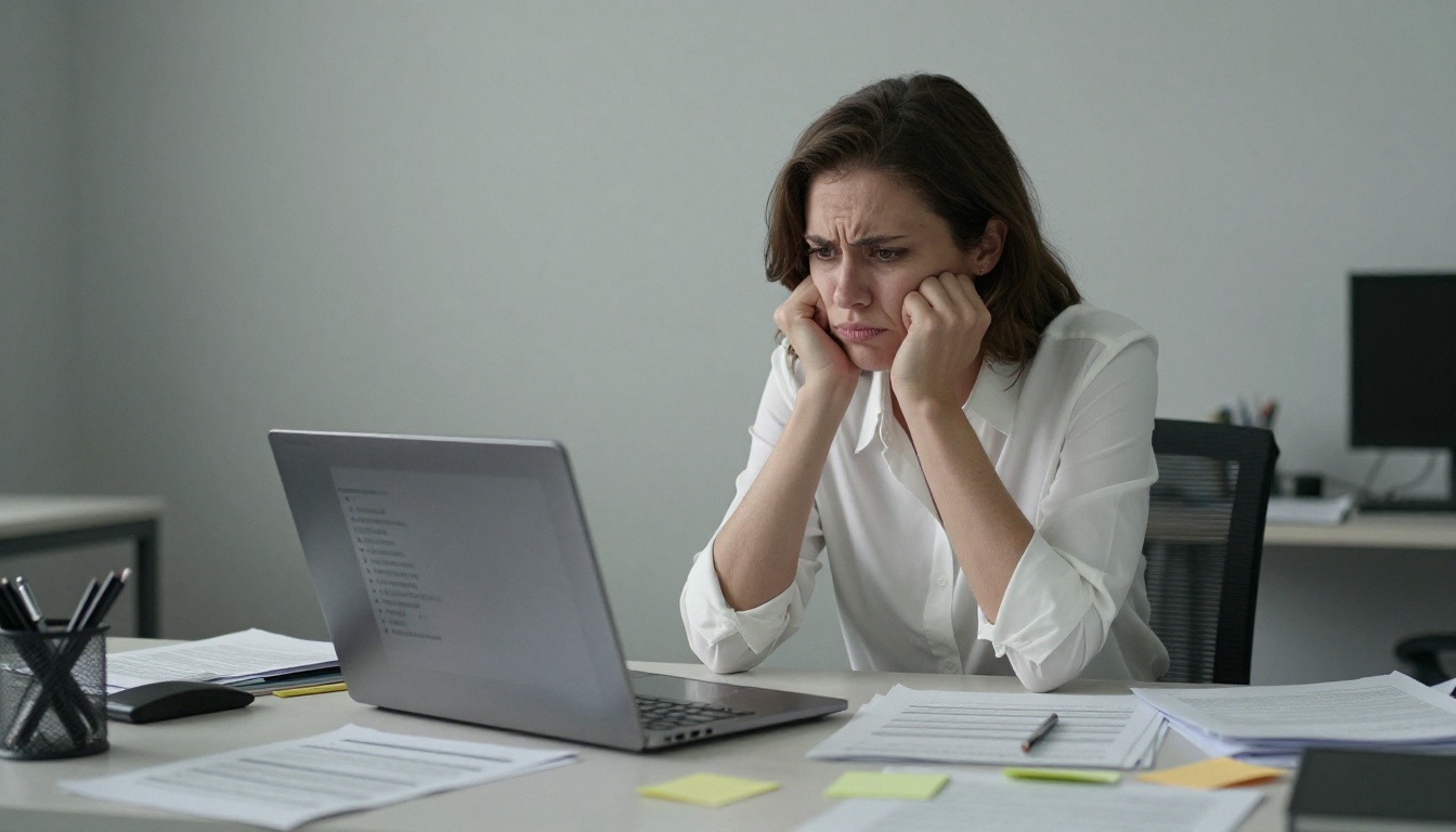 Sales professional frustrated with static slideshow on laptop