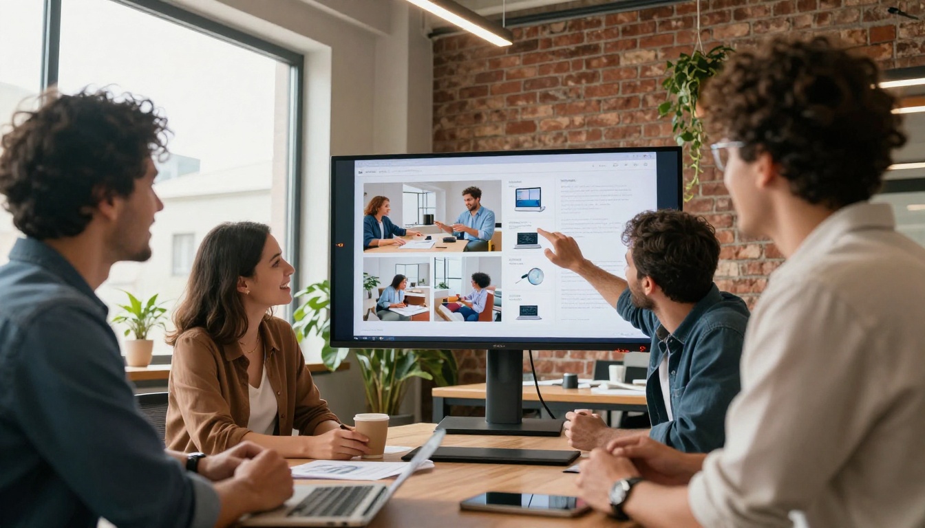 Sales team reviewing interactive digital flipbook together around office monitor