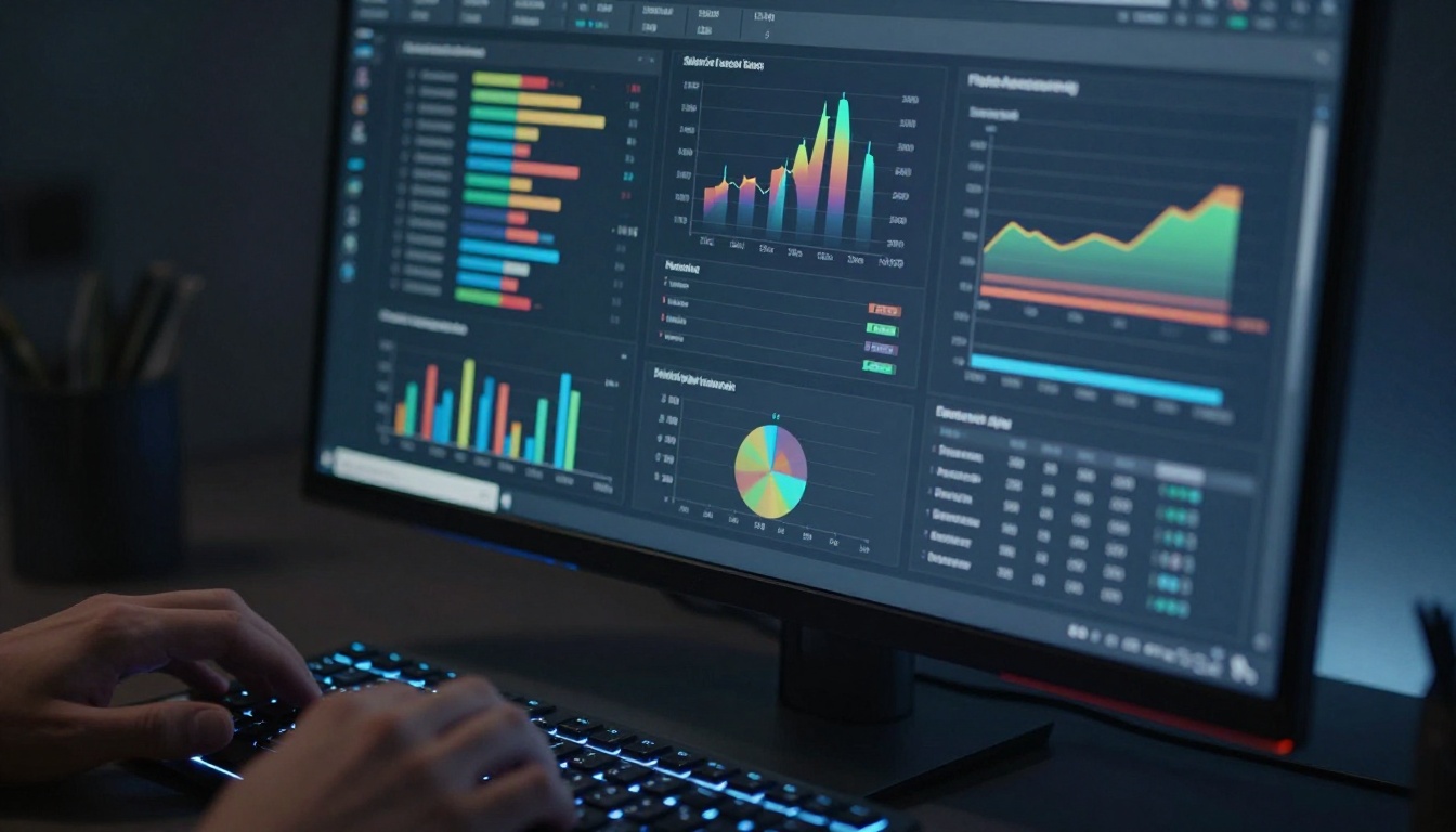 Analytics dashboard showing sales flipbook data on office monitor