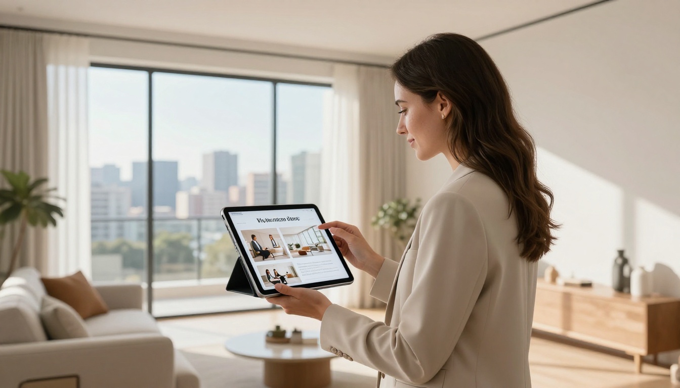 Real estate agent showing property flipbook on iPad to interested couple