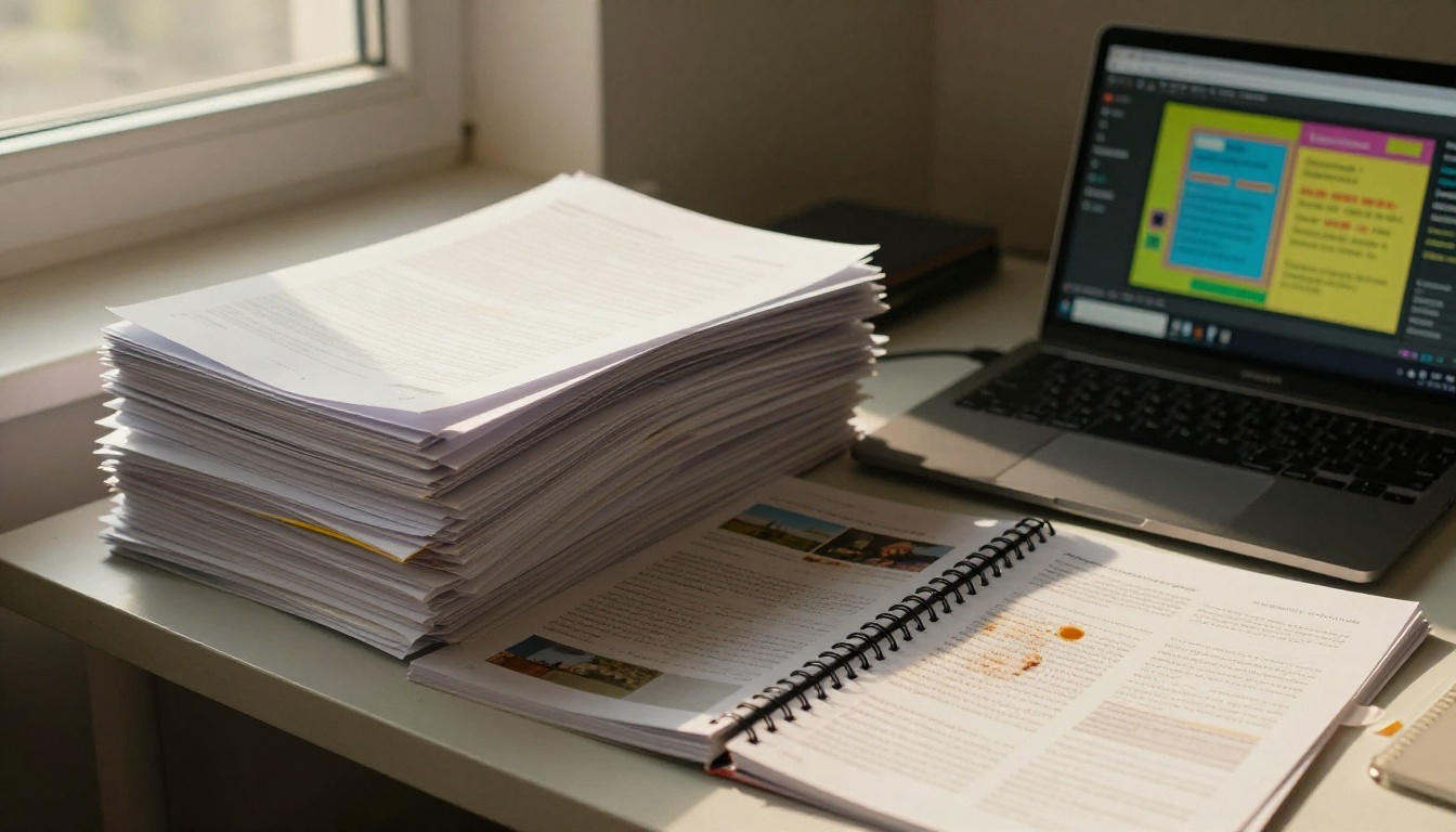 Contrast between stack of printed slideshow papers and vibrant digital flipbook on laptop