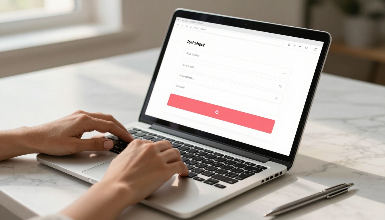 Professional marketer reviewing interactive flipbook lead capture form on laptop in modern office