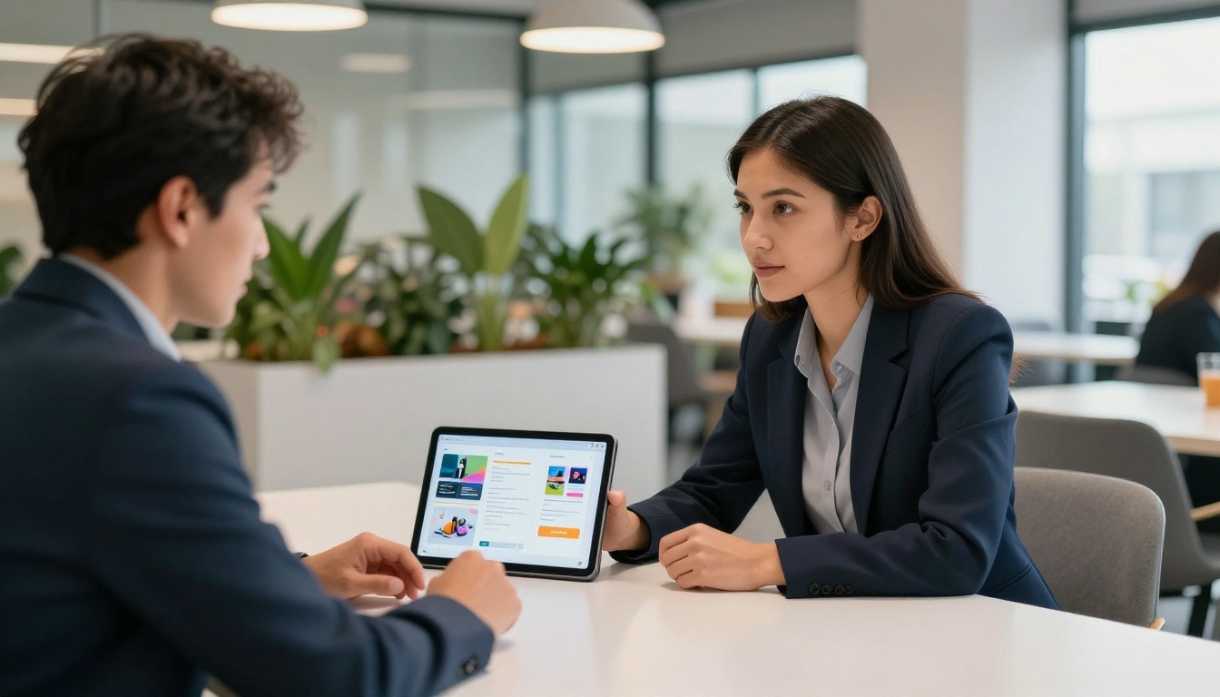 Female entrepreneur presenting interactive flipbook to client on tablet at modern conference table