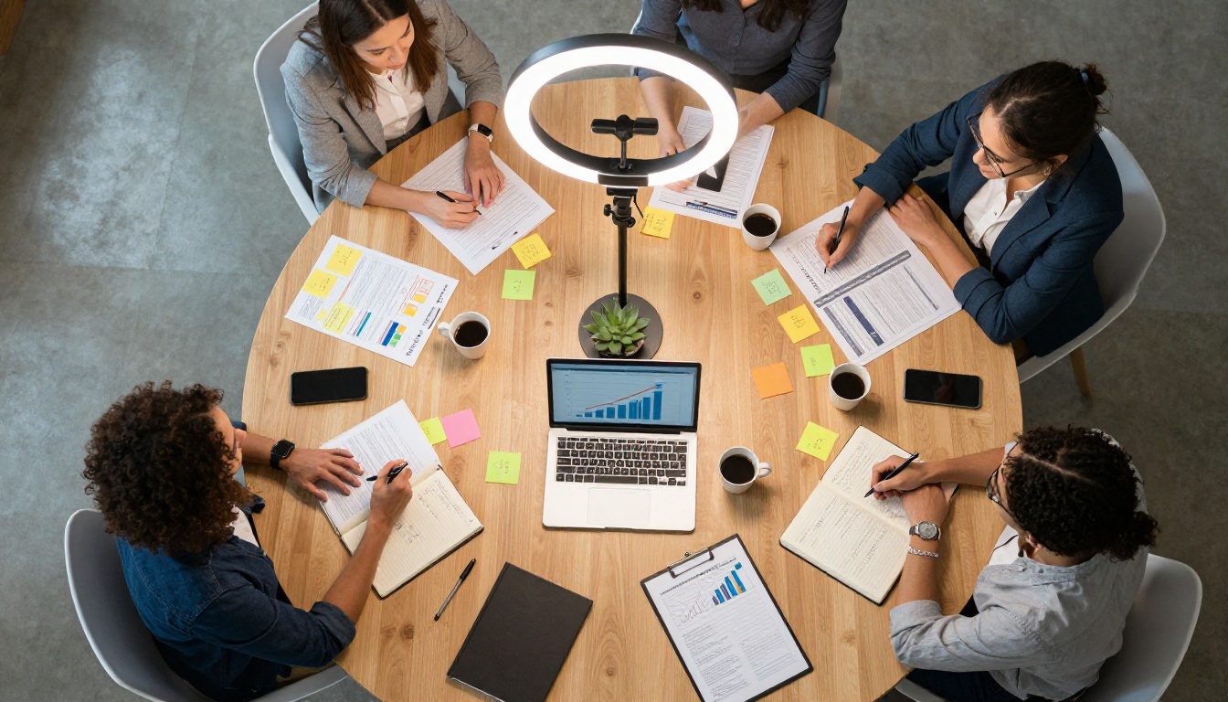 Marketing team aerial planning session with analytics and conversion data spread across conference table