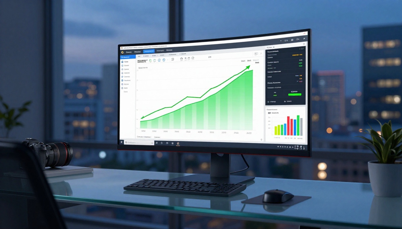 Analytics dashboard on curved monitor showing email subscriber growth and conversion funnel with city view at dusk