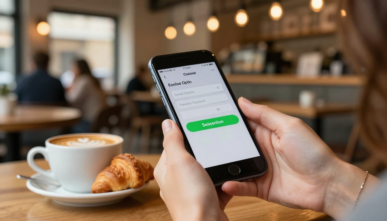 Woman holding smartphone at cafe table with flipbook email opt-in form visible on screen