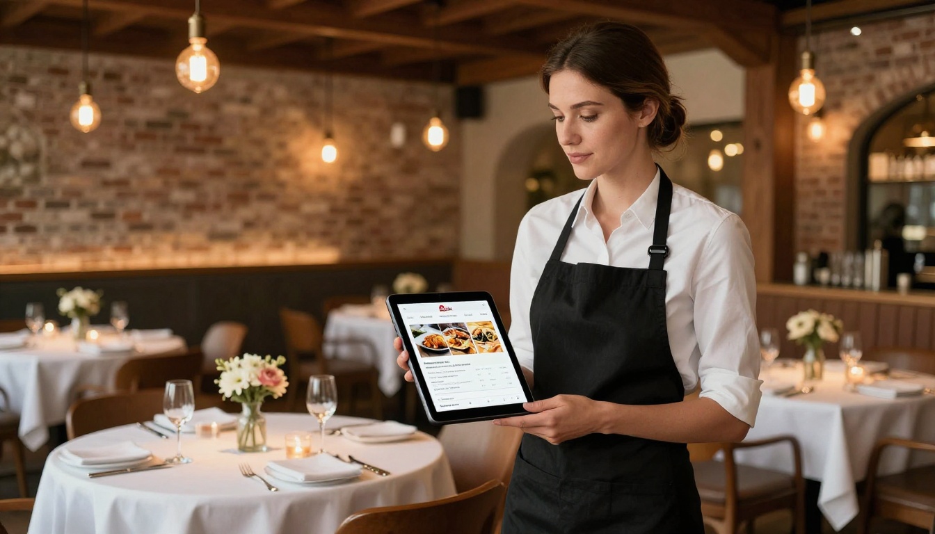 Restaurant manager holding tablet with digital menu flipbook and reservation form in warm elegant restaurant