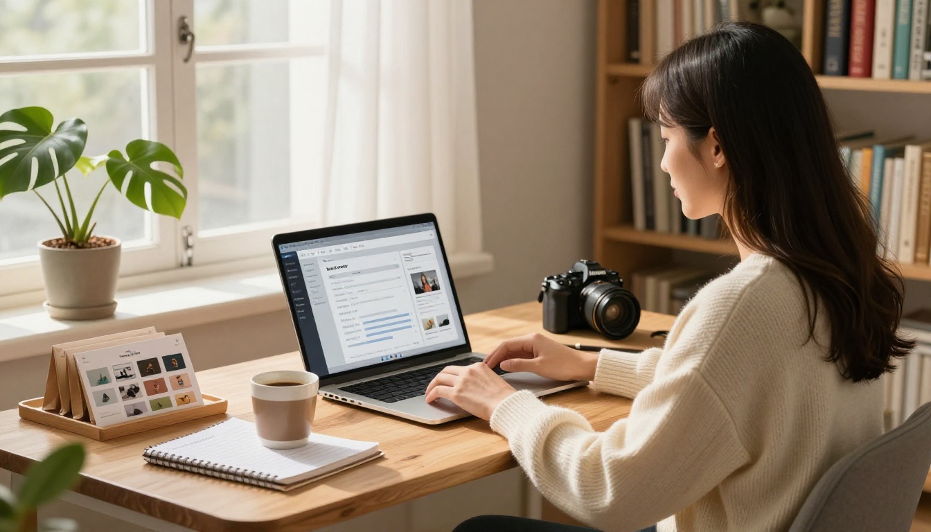 Small business owner configuring lead capture form on laptop at home office desk surrounded by product samples