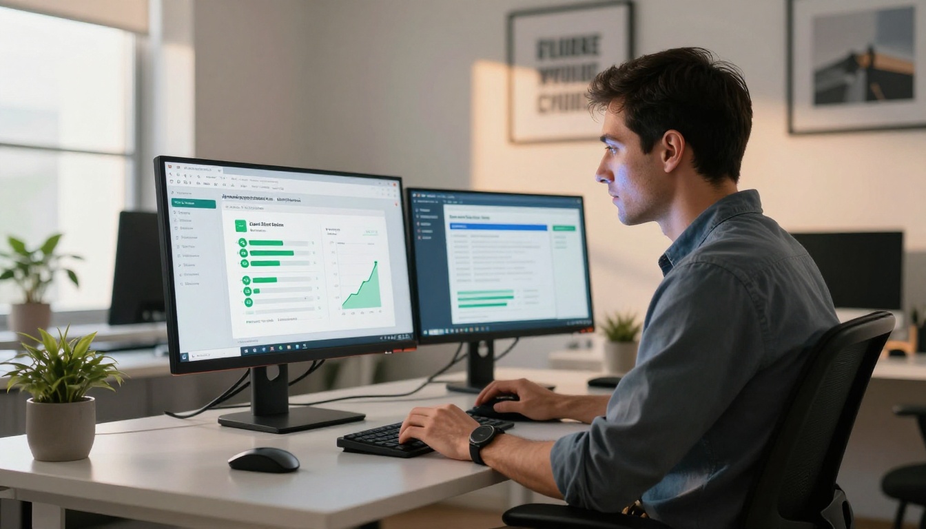 Digital marketing consultant reviewing email analytics and flipbook lead data on dual monitors in bright office