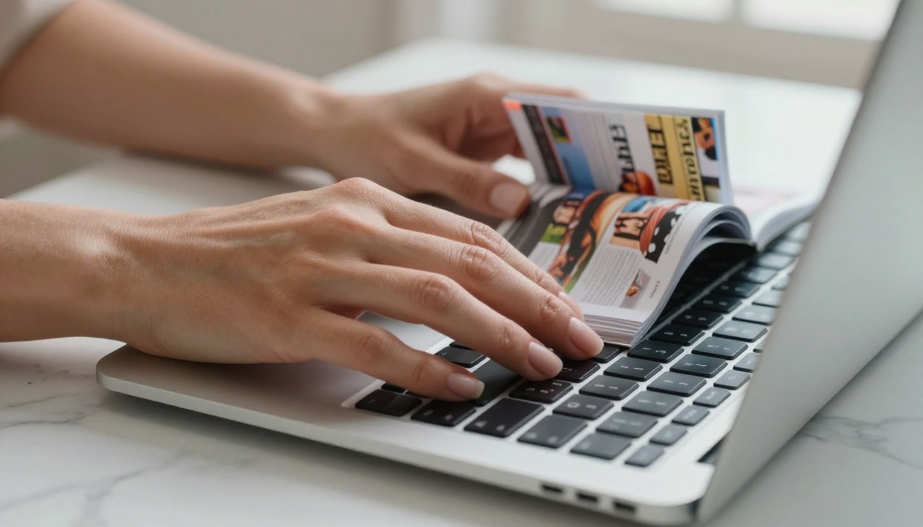 Close-up of hands interacting with a digital flipbook on a laptop screen