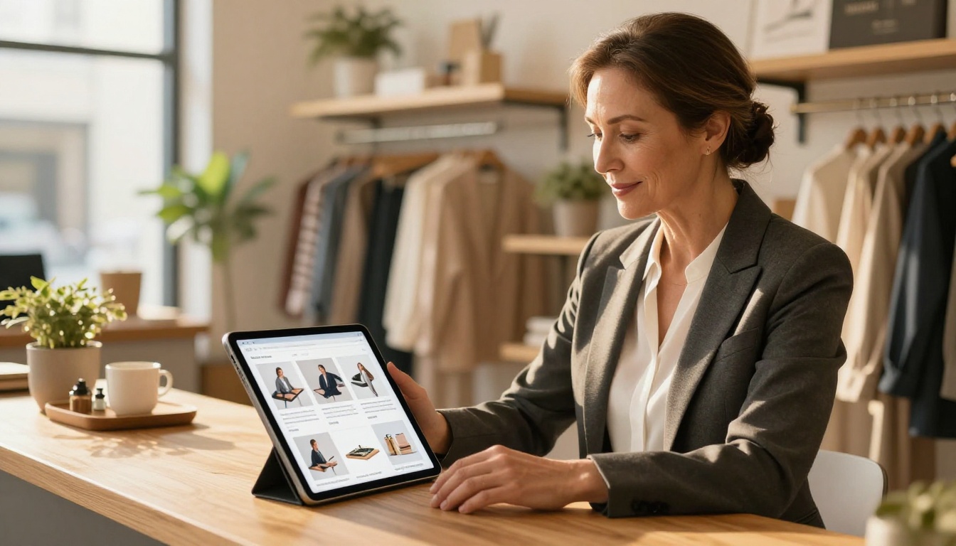 Small business owner using a digital product catalog flipbook on a tablet