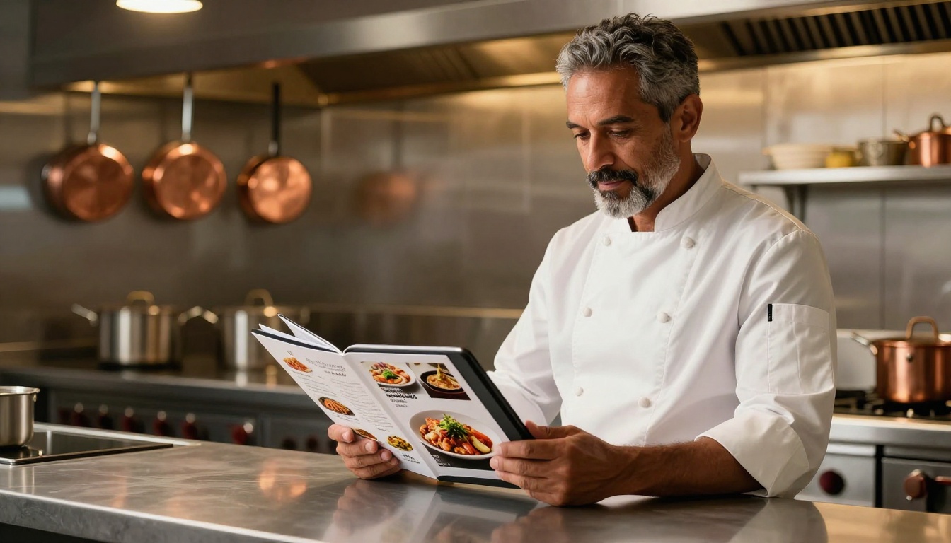Chef and restaurant owner displaying a digital menu flipbook on a tablet