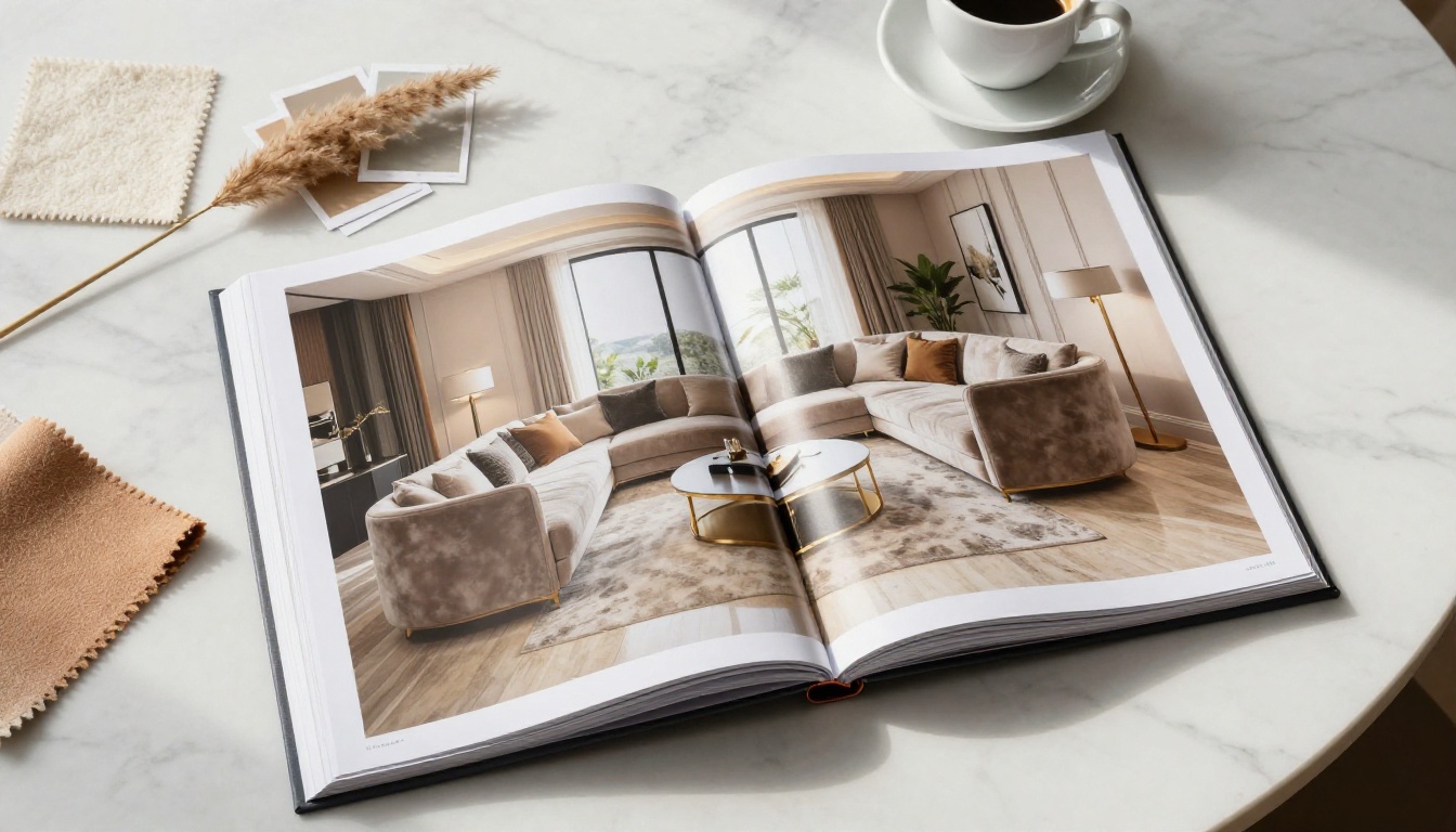 Interior design lookbook spread open on marble table with fabric swatches and paint chips Interior design lookbook spread open on marble table with fabric swatches and paint chips