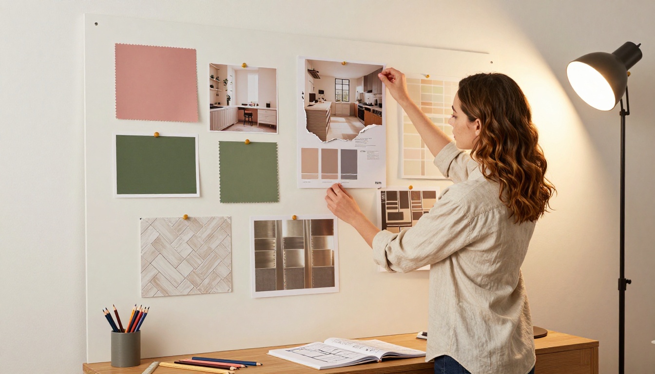 Designer carefully building mood board with fabric swatches, paint chips, and inspiration photos Designer carefully building mood board with fabric swatches, paint chips, and inspiration photos