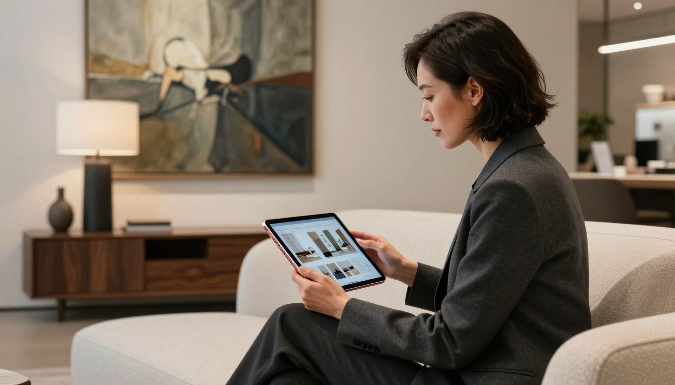 Client reviewing a digital interior design lookbook on iPad in a luxury furniture showroom Client reviewing a digital interior design lookbook on iPad in a luxury furniture showroom