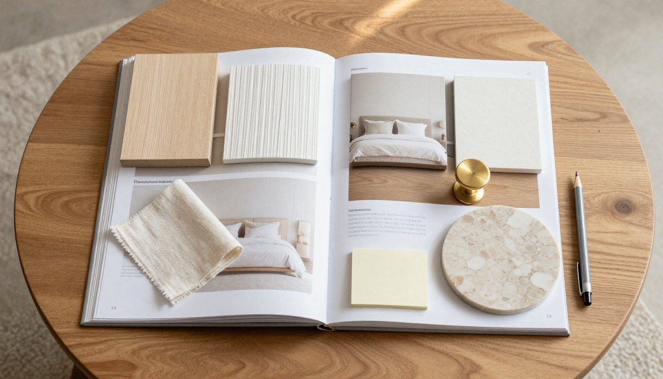 Interior design material samples and lookbook flat-lay on bleached oak coffee table Interior design material samples and lookbook flat-lay on bleached oak coffee table