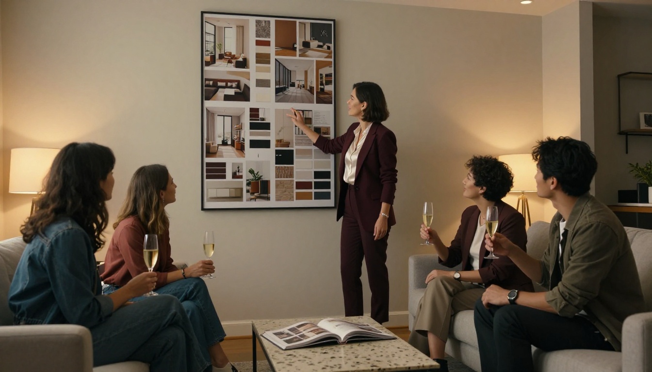 Interior designer presenting mood board and lookbook to engaged couple in consultation room Interior designer presenting mood board and lookbook to engaged couple in consultation room