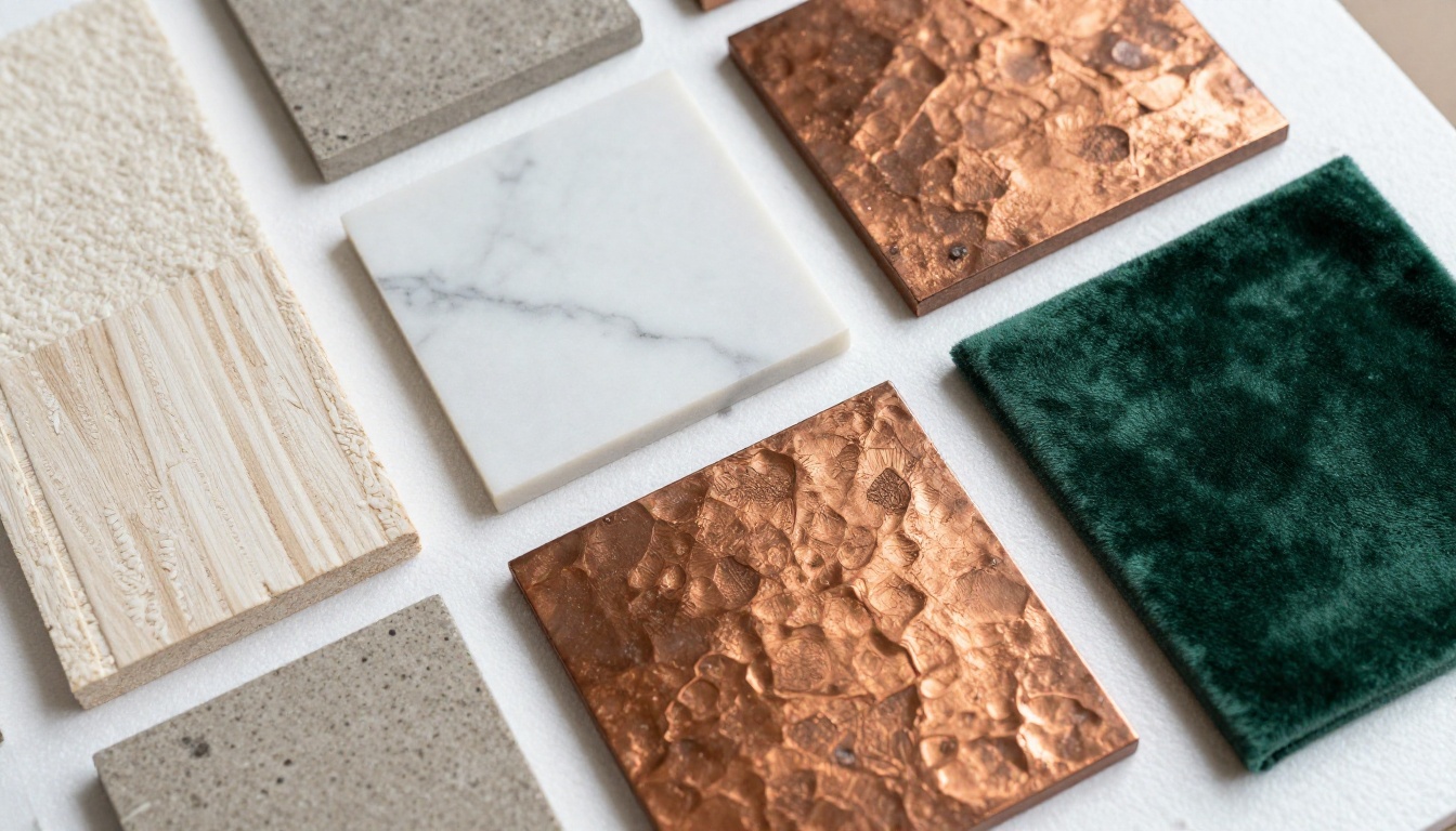 Close-up of professional material sample board with bouclé, marble, oak, velvet, and metal swatches Close-up of professional material sample board with bouclé, marble, oak, velvet, and metal swatches