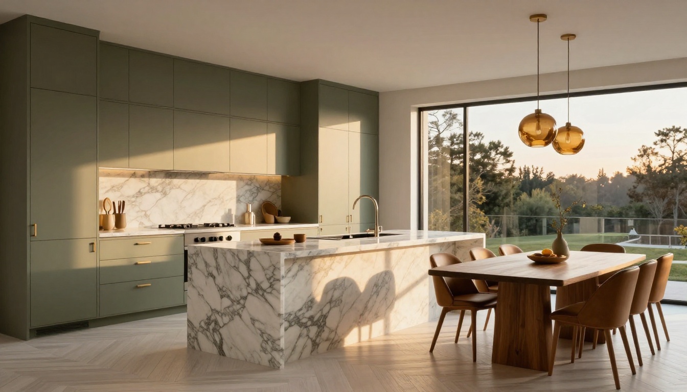 Luxury open-plan kitchen with sage green cabinetry, marble island, and amber glass pendants designed for a client lookbook Luxury open-plan kitchen with sage green cabinetry, marble island, and amber glass pendants designed for a client lookbook