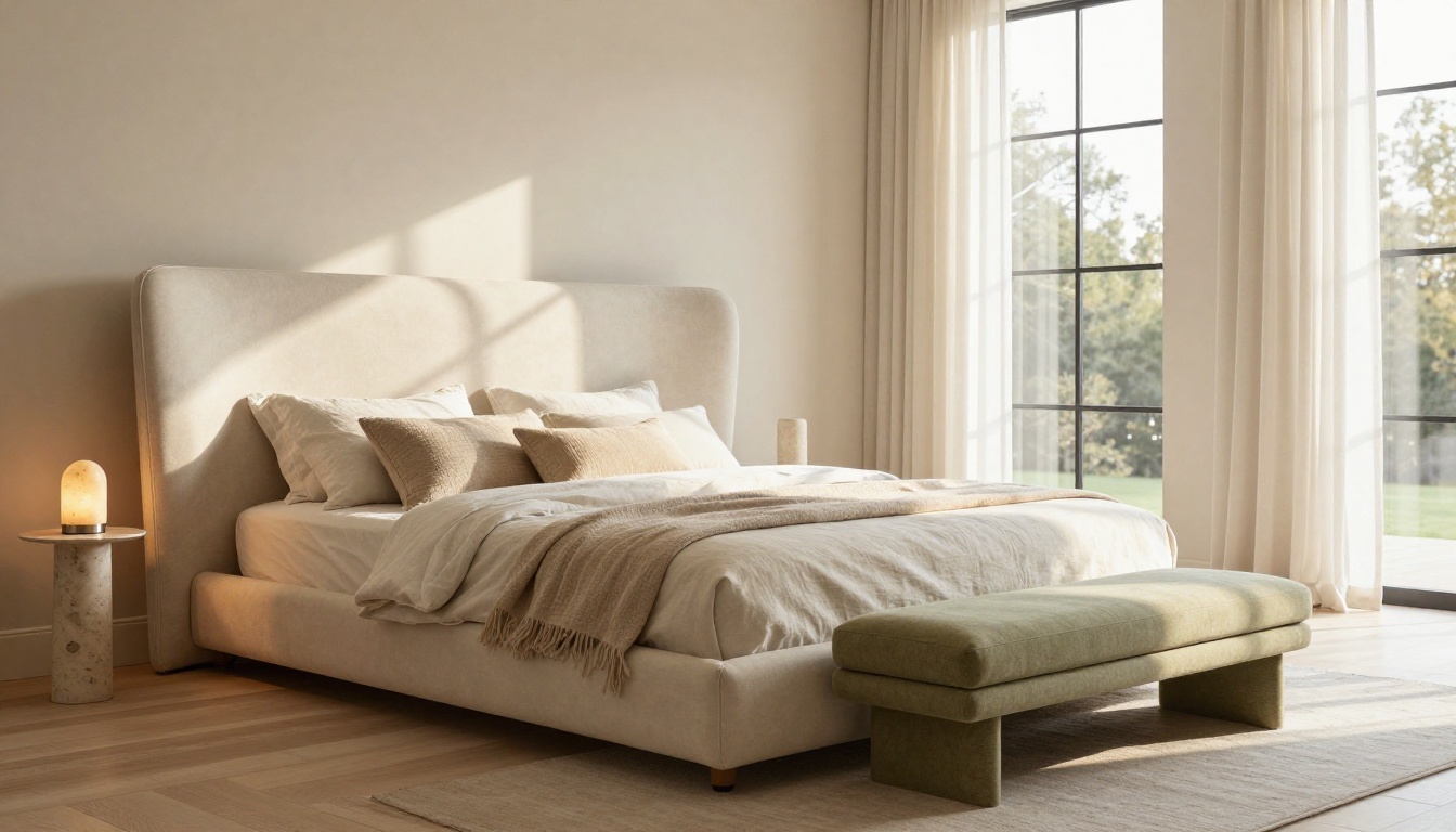 Serene luxury master bedroom with curved linen headboard, cerused oak floor, and sheer morning light Serene luxury master bedroom with curved linen headboard, cerused oak floor, and sheer morning light