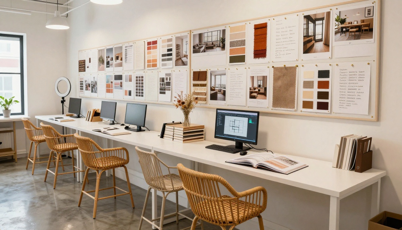 Bright interior design studio workspace with pinboard full of inspiration photos, fabric swatches, and large-format portfolio books Bright interior design studio workspace with pinboard full of inspiration photos, fabric swatches, and large-format portfolio books