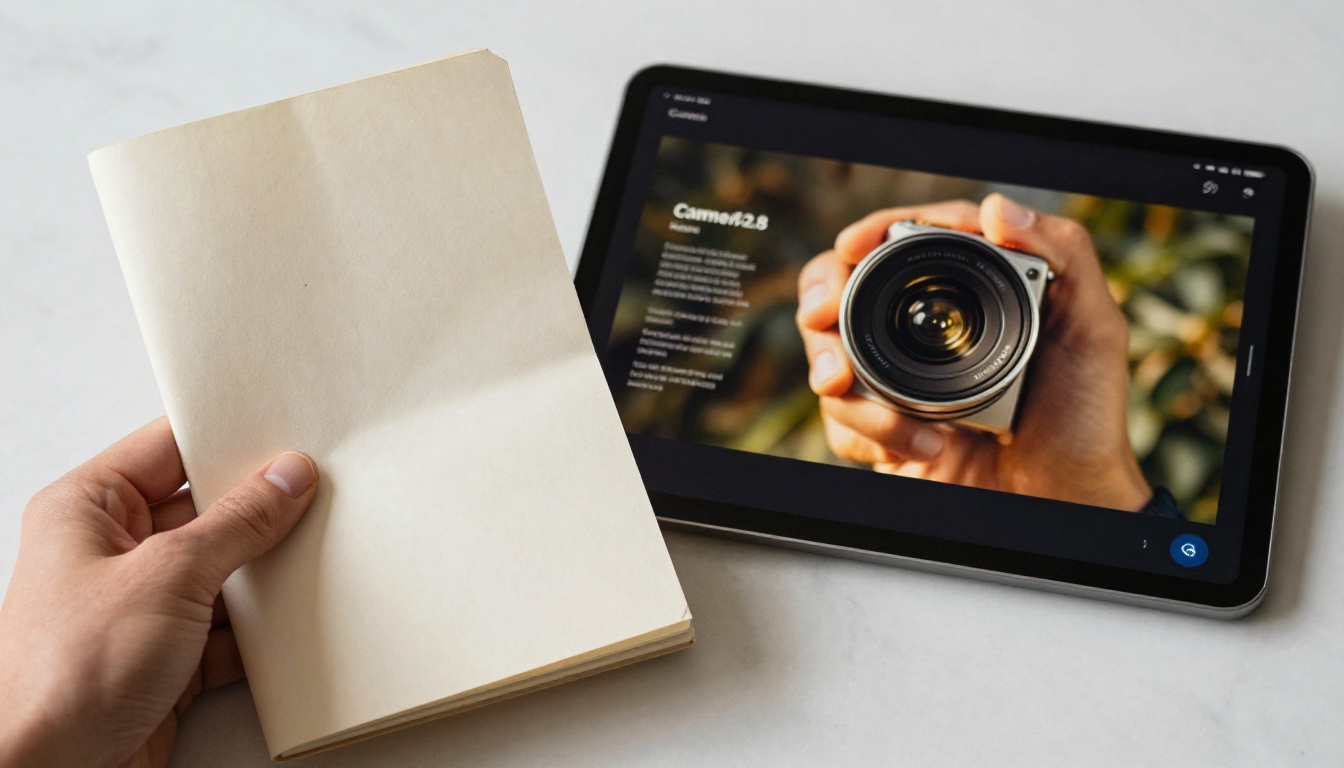 A professional reviewing print and digital portfolio side by side on a marble surface A professional reviewing print and digital portfolio side by side on a marble surface