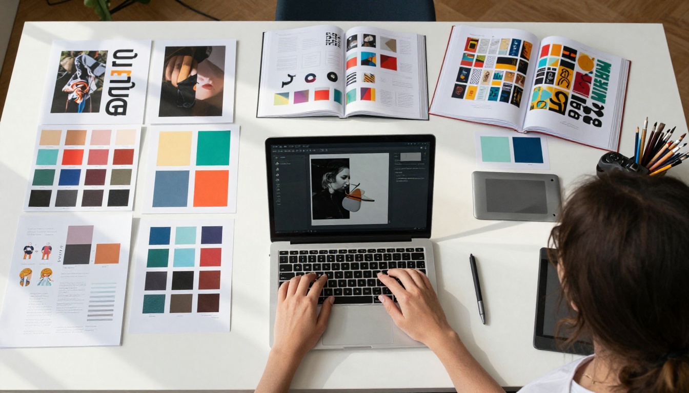 Graphic designer working at a desk surrounded by design mockups, color swatches, and layout prints Graphic designer working at a desk surrounded by design mockups, color swatches, and layout prints