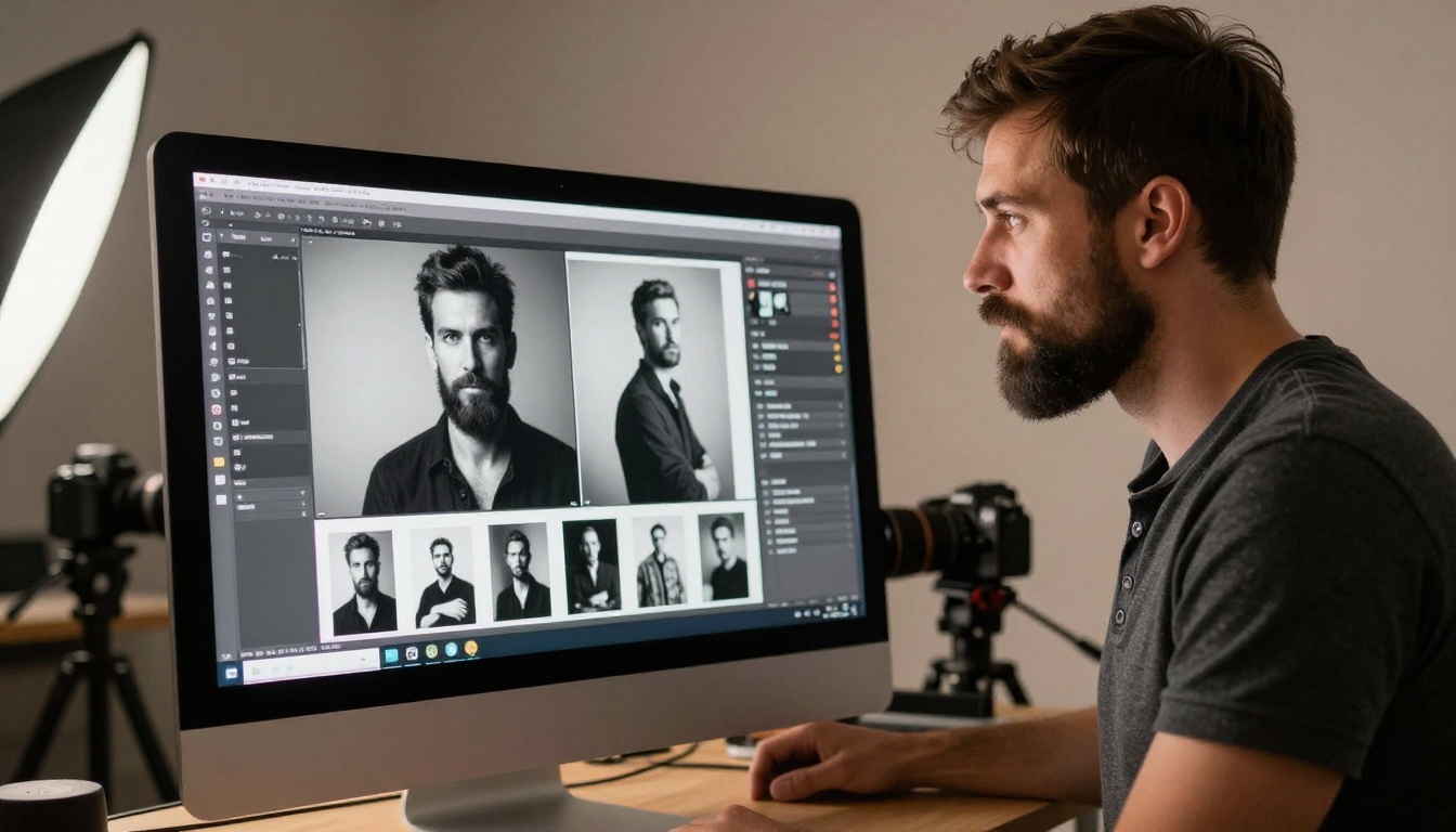 Professional photographer reviewing black and white portrait spreads displayed as a digital flipbook on an iMac in a studio Professional photographer reviewing black and white portrait spreads displayed as a digital flipbook on an iMac in a studio